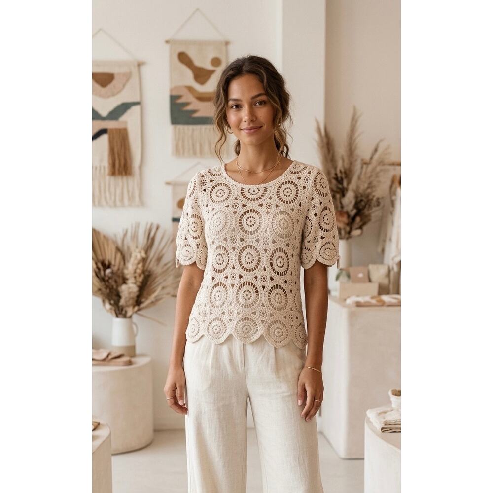 Solitaire | Women | Neutral Beige Crochet Open Knit Boho Scalloped Top | Medium - Picture 14 of 14